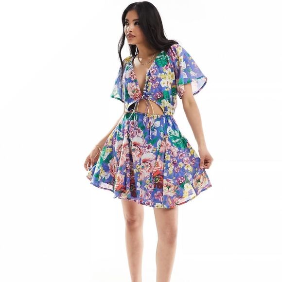 ASOS DESIGN Floral Cutout Tie-Front Mini Dress – Size US 2 (UK 6 | EU 34) - Picture 1 of 13